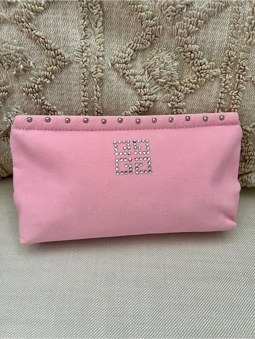 Givenchy Pink Studded Rhinestone Logo Make Up Cosmetic Pouch Bag